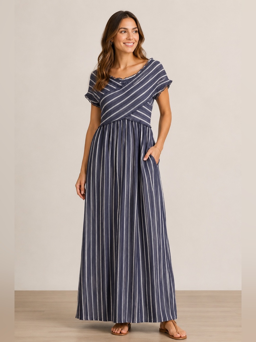 NWT Japna Criss Cross Front maxi dress blue and white, size medium stripes